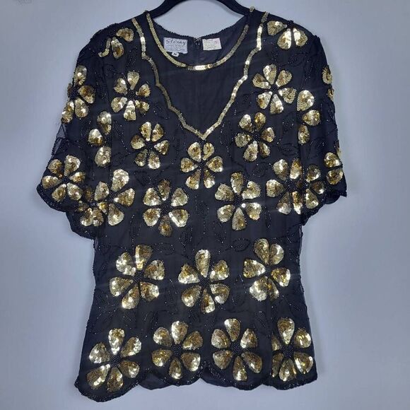 Stenay Tops - VTG Stenay Womens Silk Sequin Top Size Medium Black Gold Floral Beaded Swiftie